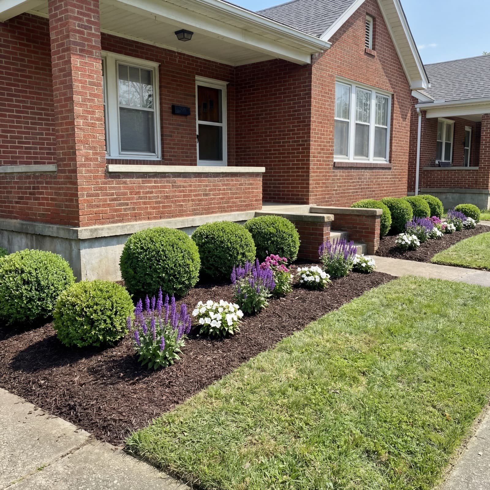 Overgrown shrubs and neglected flower bed before renovation
