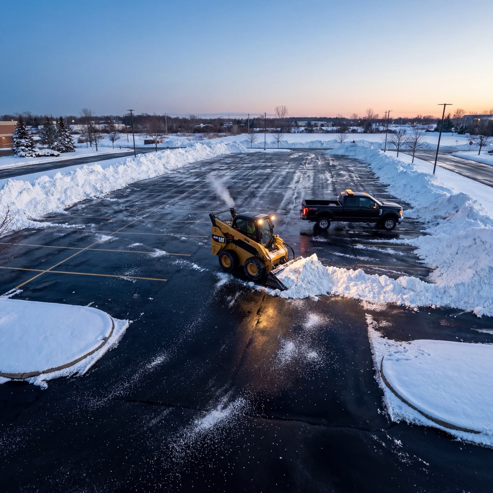 Commercial parking lot snow plowing with skid steer