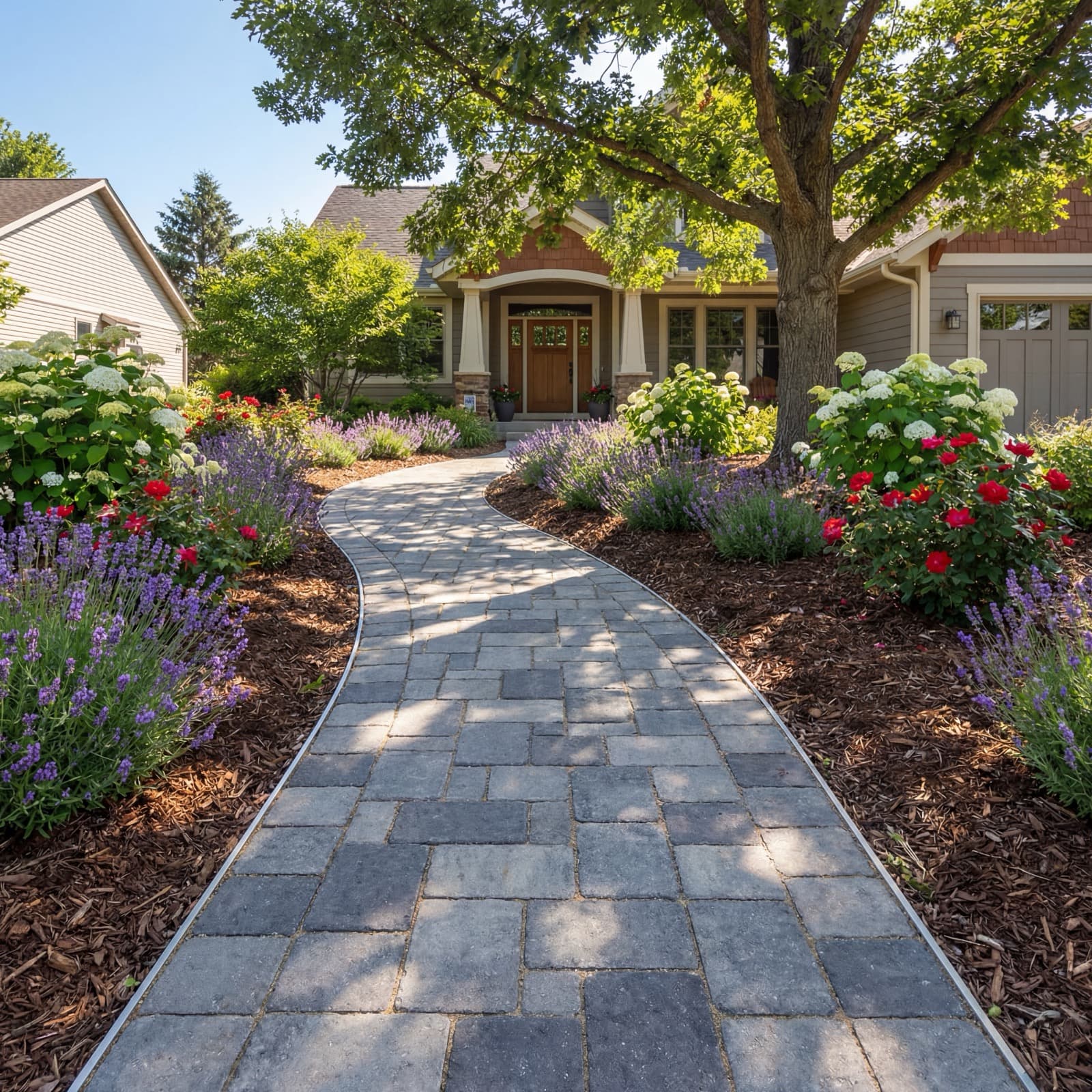 Brick walkway with landscaping and flower beds